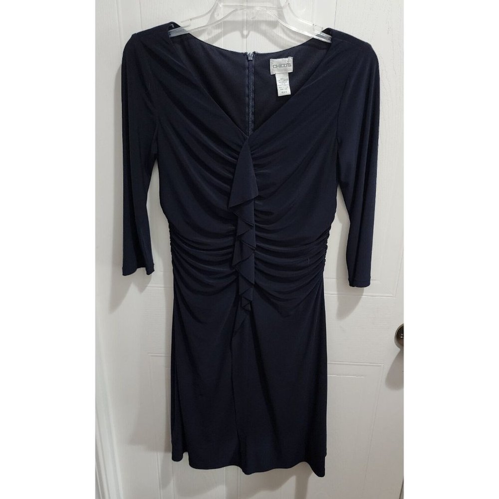 Chico's Women's 3/4 Sleeve Dress V Neck Ruffle Ruched Front/Back Blue Size 0 (S)